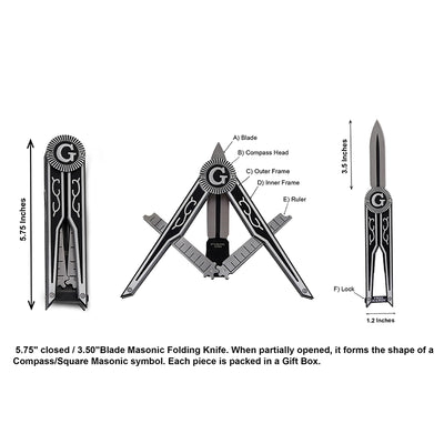 Folding pocket knife 5.75 inches opens to form compass/square masonic symbol