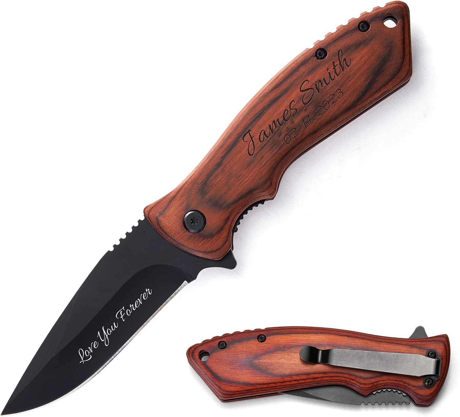 Custom Engraved Pocket Folding Knife with Wood Box