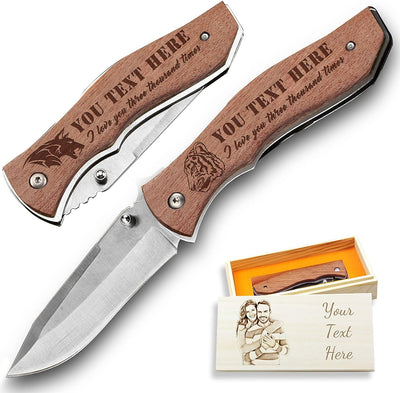 Personalized Wood Pocket Knife Gift Box with Photo Text Custom Engraved Gift Box