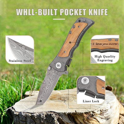 Engraved Outdoor Tactical Pocket Folding Knife Wooden Handle