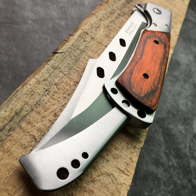 Personalized folding mahogany handle survival knife