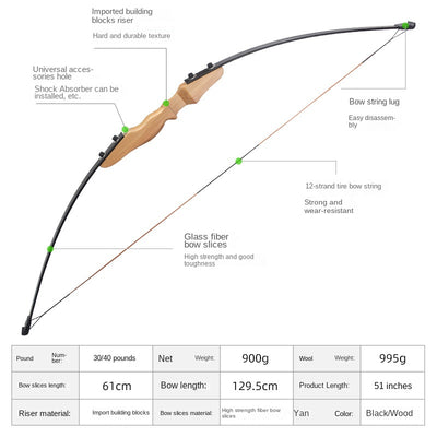 30/40LBS Straight Bow 51" Archery