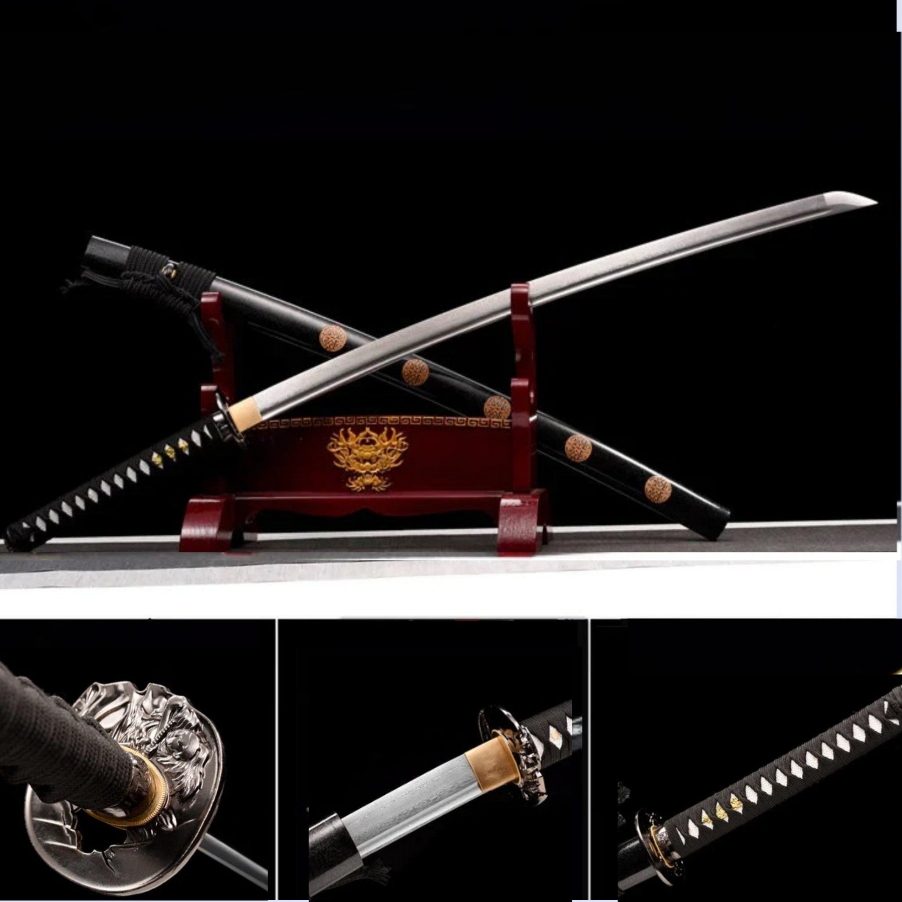 608 Damascus Steel Katana Black Gold Scabbard